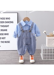 summer baby long sleeve denim shirt straps shorts casual suit boy clothing set children sets 1-4 years for baby