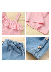 New Summer Girls Top + Denim Short Pants 2pcs Kids Outfits Clothes Toddler Children Costume For 1-6 Years