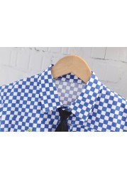 Summer cotton baby boy clothing sets infant birthday formal plaid shirt shorts 2pcs/set causal with tie tracksuit