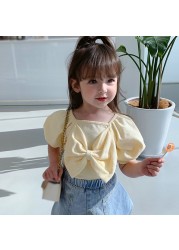 Summer girls cute casual T-shirt baby sweet bubble sleeve princess clothes big bow short sleeve top