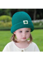 Autumn Winter Solid Color Baby Knitted Warm Hat Soft Casual Hemming Hat Kids Girls Boys Frog Label Beanies Clothes