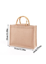 Portable Burlap Shopping Bag Jute Handbag Bamboo Ring Retro Carry Handles DIY Handbag Women Large Size Beach Bag for Girls