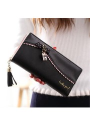 PU long wallet leather wallet women card holder purse sweet bow cute cat pendant tassel ladies clutch phone money coin bag portemonny