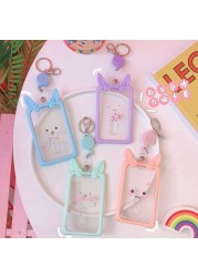 Cute Ear Card Holder Retractable Piggy Milk Bottle Student Card Holder Bus Pass Cover Keychain Card Badge Storage Bag