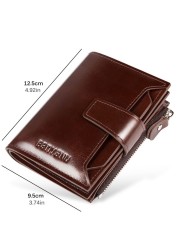 Men's Genuine Leather RFID Blocking Trifold Wallet Short Vintage Multifunctional Credit Card Holder Coin Zipper Pocket Money Bags