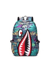 Fashion trend lightweight shark boy student backpack computer USB charging simple printing personality junior high school bag