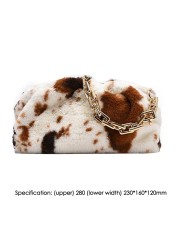 INS Fashion Women Winter Cloud Bag Cow Print Soft Plush Shoulder Bag Female Thick Chain Handbags Ladies Warm Fur Underarm Bags