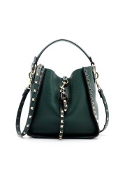 Genuine leather rivet bucket bag, purses and handbags luxury designer studded cowhide ladies shoulder bag with crossbody strap