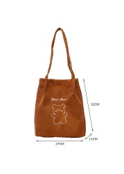 Women Corduroy Shoulder Bag Female Canvas Cloth Bucket Bag Girls Cartoon Bear Print Handbag 2021 Reusable Eco Grocery Travel Bag