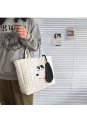 Women's Space Cotton Quilted Shoulder Bag Cartoon Dog Print Handbag Winter Warm Quilted Handbag Female Large Capacity Tote Bags