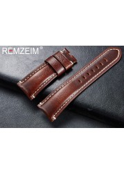 Remz Patterned - Genuine Leather Watch Strap, Brown, Green, Antique, 20, 22, 24, 26 mm, with Black and Silver Buckle