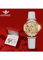 OUPINKE Genuine Leather Strap LuxuryTop Brand Women Wristwatches Fashion Waterproof Automatic Mechanical Watch for Women