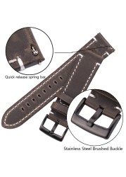 HENGRC - Genuine Cowhide Leather Watch Strap for Men and Women, Thickness 18, 20, 22, 24mm, Handmade, Retro, with Metal Buckles