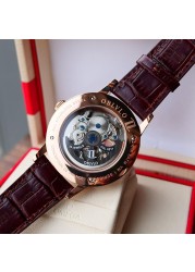 Rectangle Casual Watches Mens Skeleton Dial Calfskin Leather Band Rose Gold Watches Automatic Mens Watches Montre Homme VM